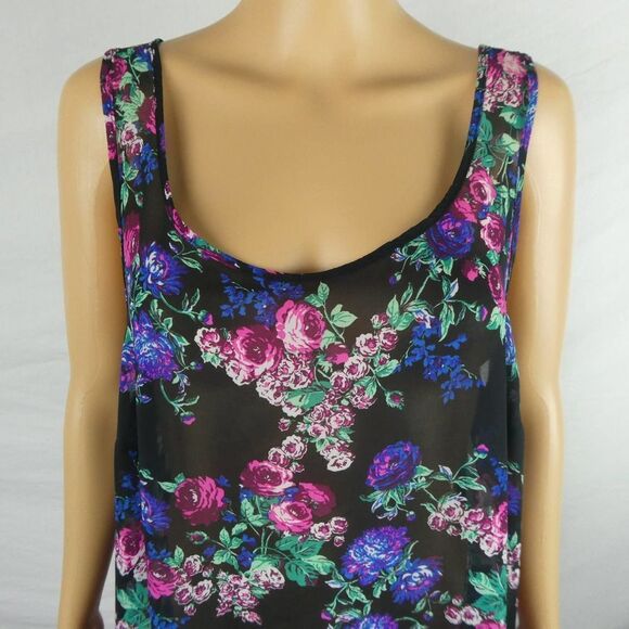 Torrid Black Floral Semi Sheer Hi Low Tank Top Blouse Sleeveless Pink Blue Tunic - Picture 3 of 10
